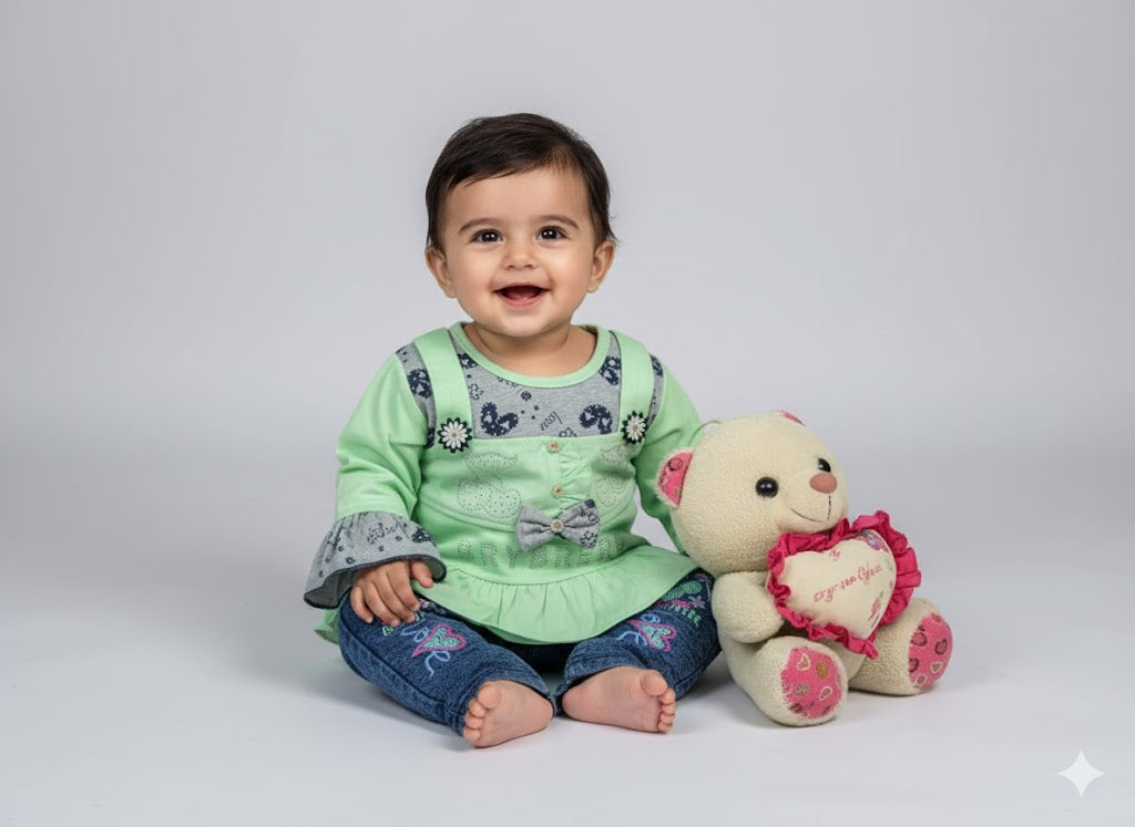 Little Darling Ruffled Top and Embroidered Denim Set (2-Piece)