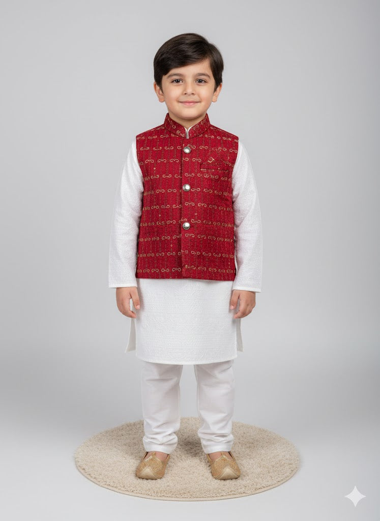 Boys' Brocade Waistcoat and Textured Kurta Set