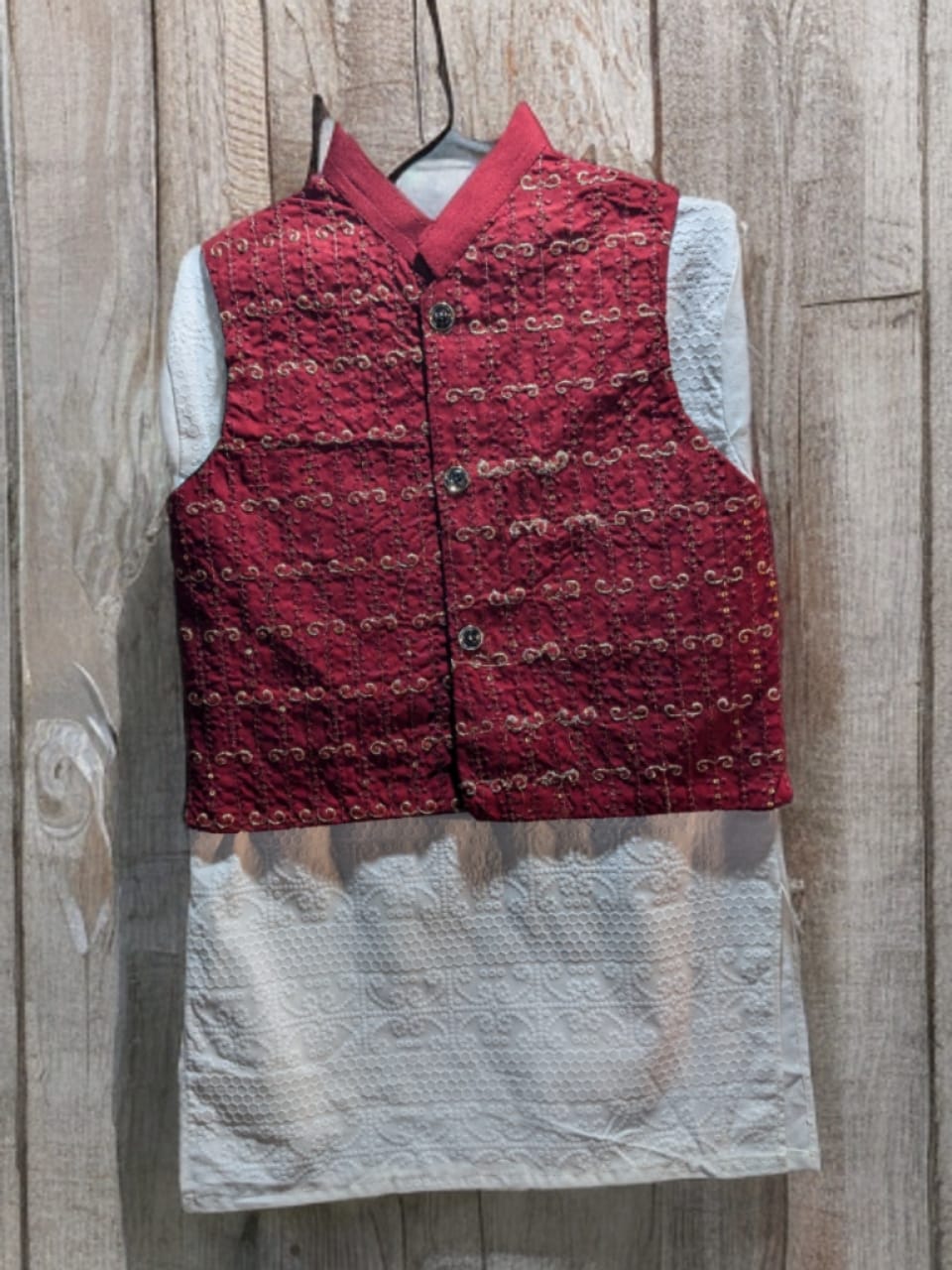 Boys' Brocade Waistcoat and Textured Kurta Set