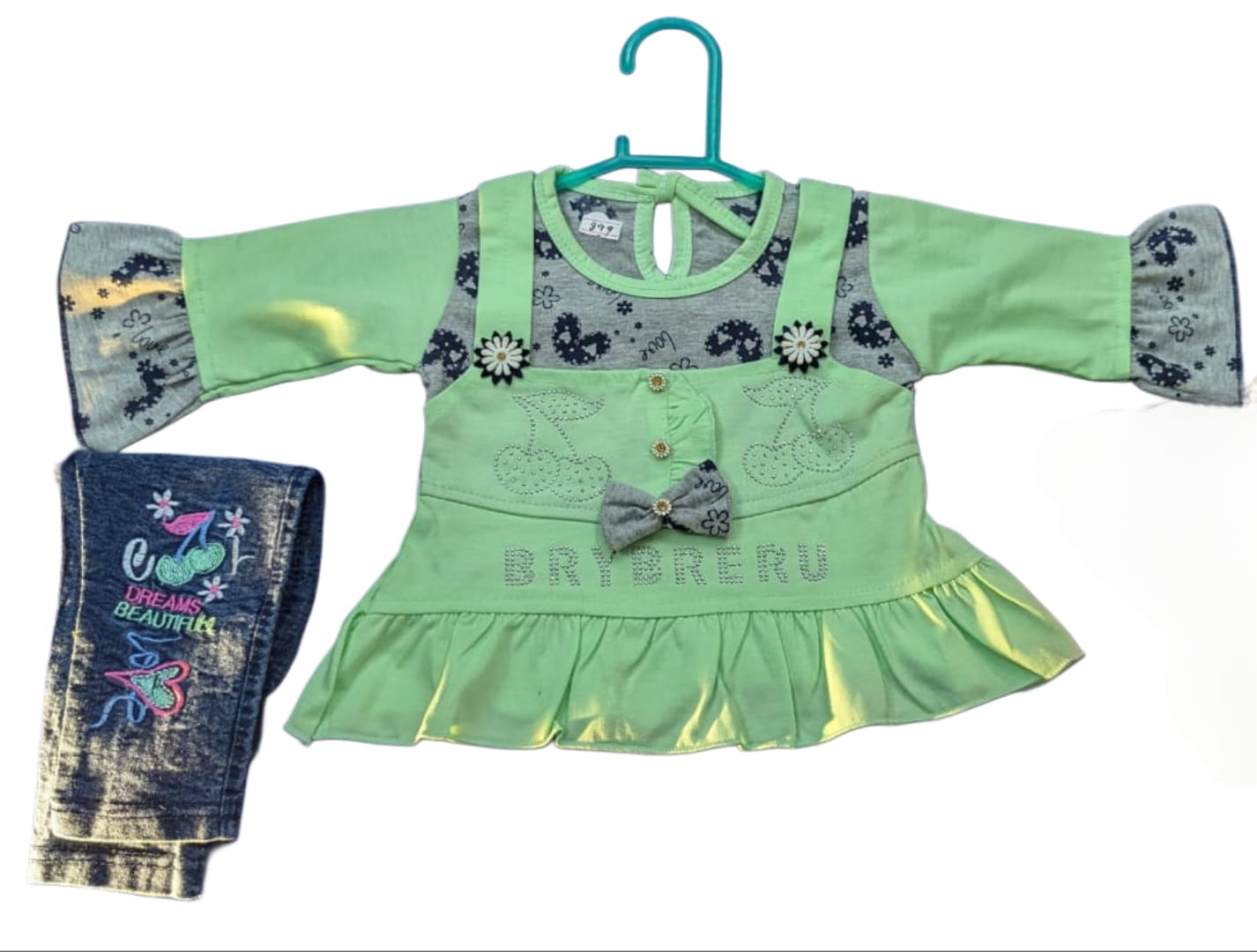 Little Darling Ruffled Top and Embroidered Denim Set (2-Piece)