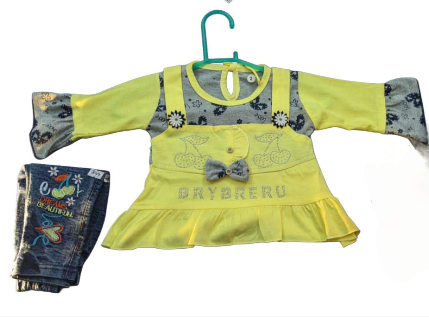 Little Darling Ruffled Top and Embroidered Denim Set (2-Piece)