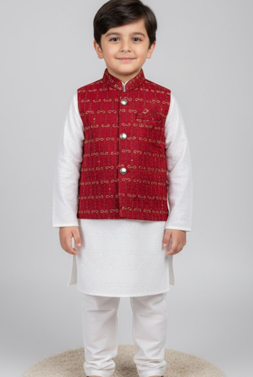 Boys' Brocade Waistcoat and Textured Kurta Set