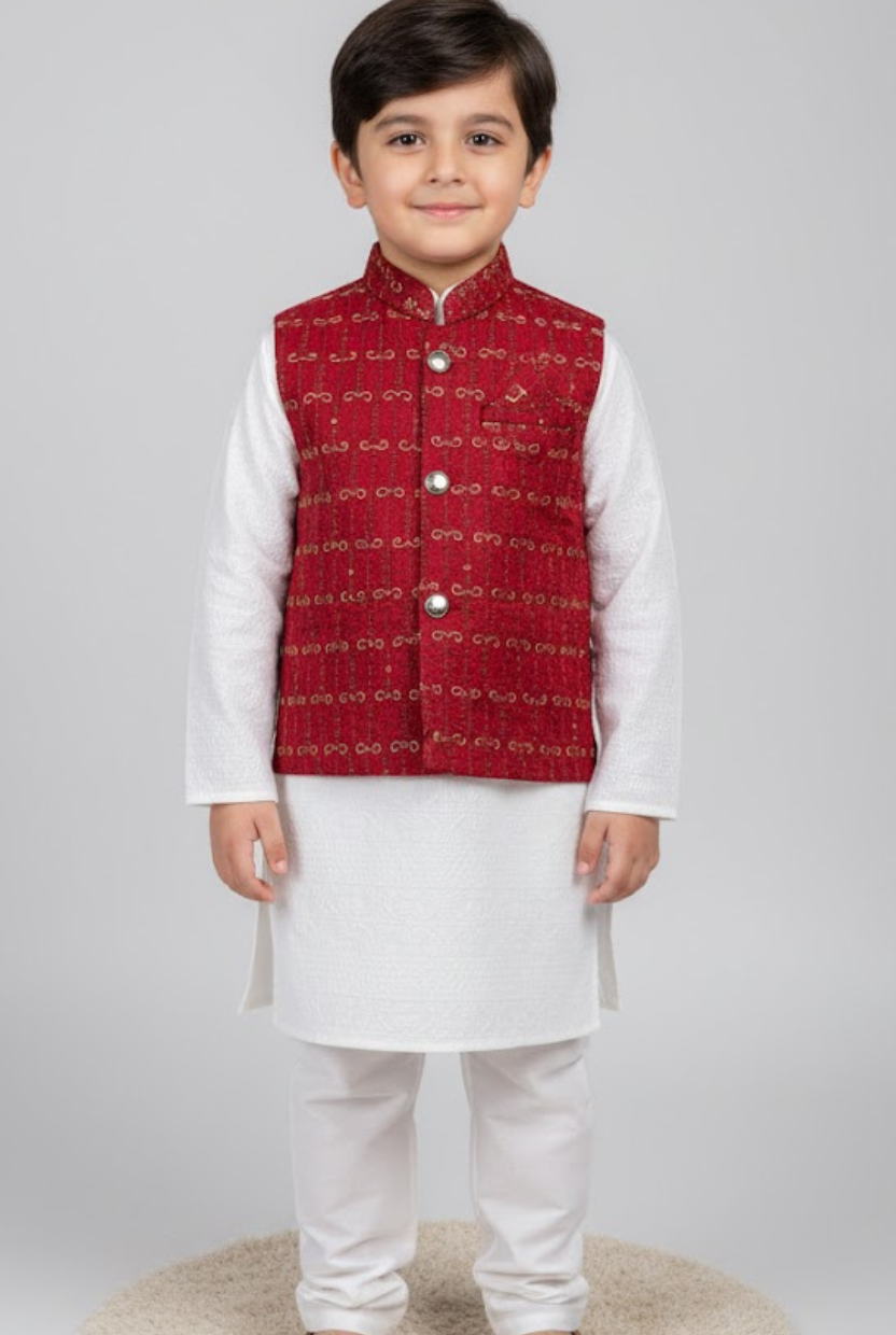 Boys' Brocade Waistcoat and Textured Kurta Set