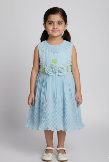 Ethereal Blue Pleated Girls' Frock