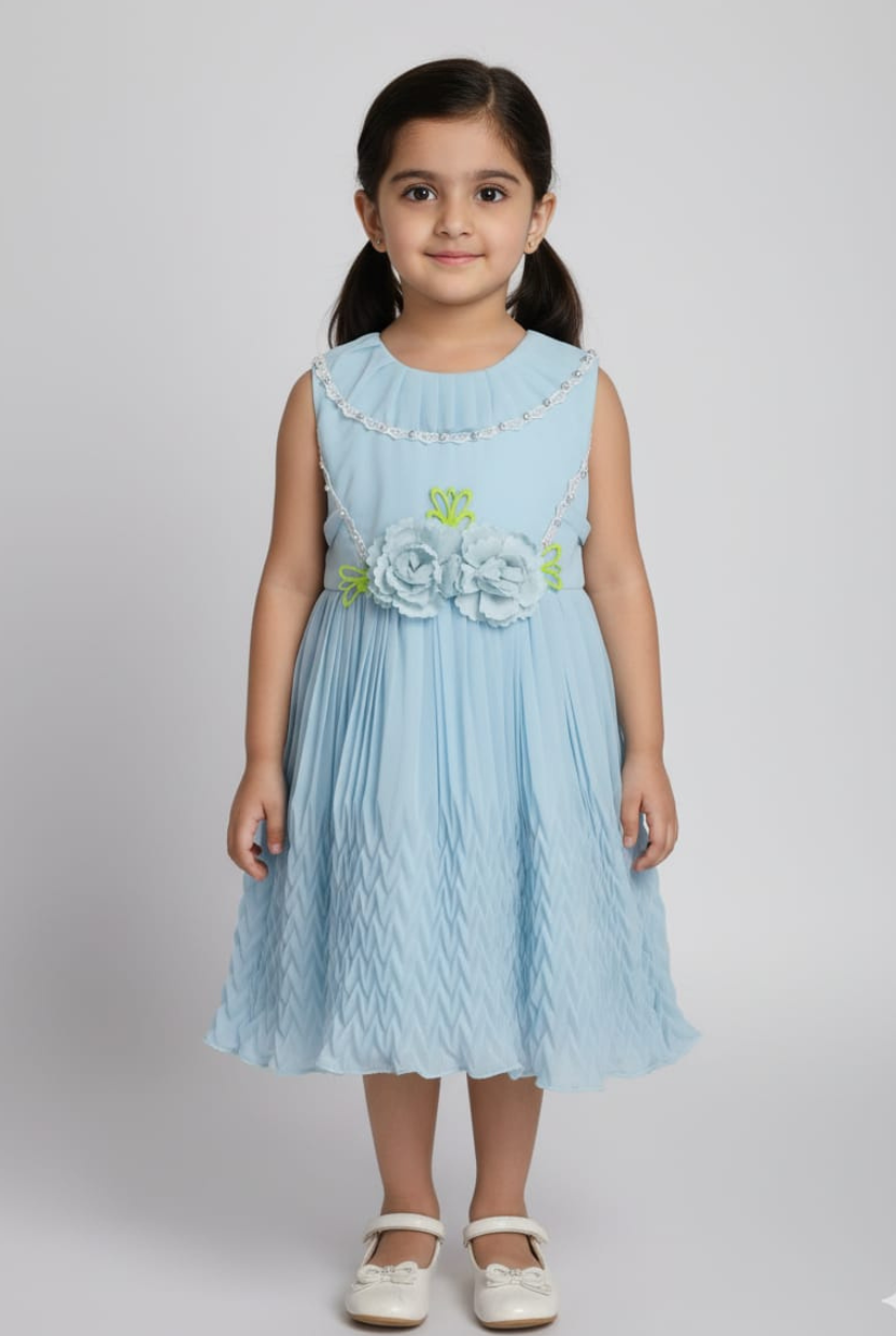 Ethereal Blue Pleated Girls' Frock